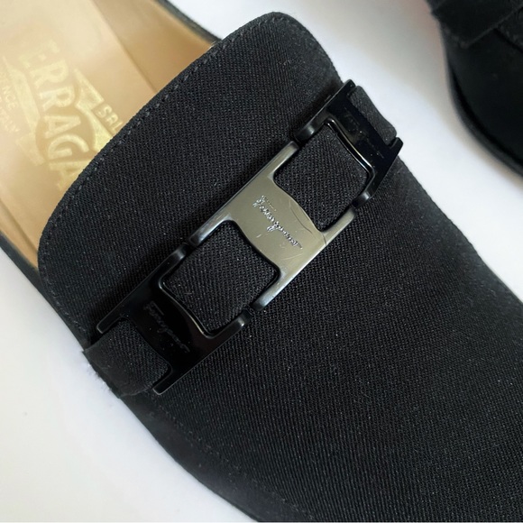 SALVATORE FERRAGAMO black fabric buckle strap detail slip on mules loafer - Picture 9 of 13